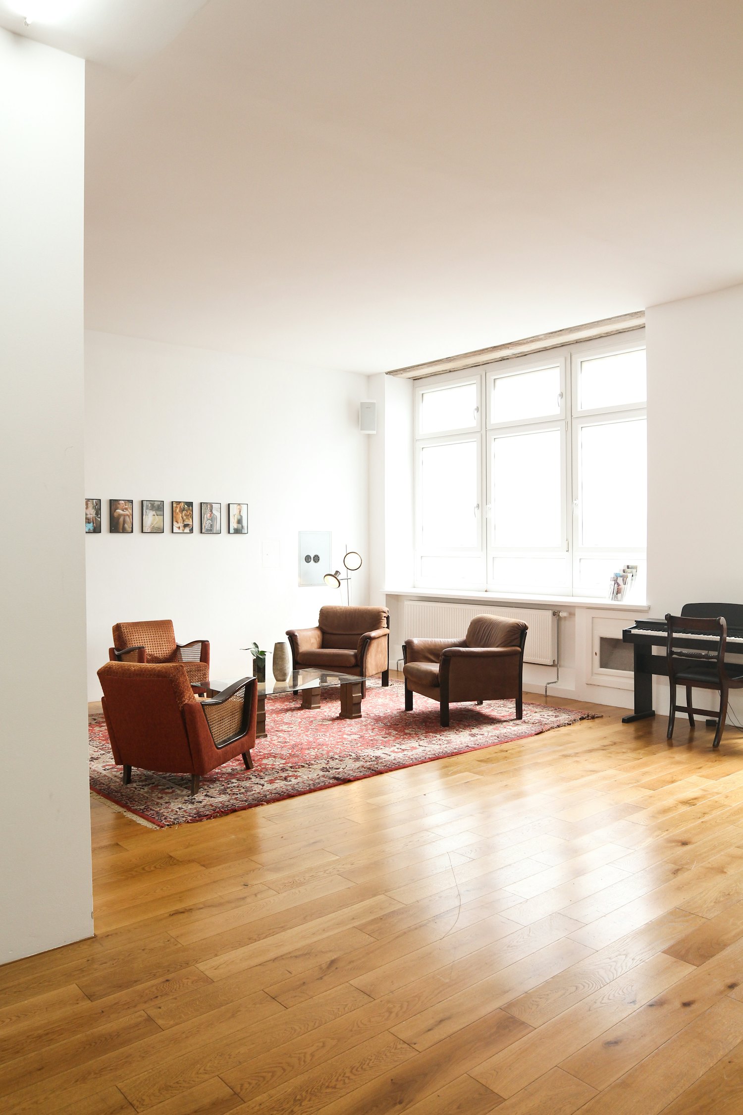 Hand-scraped textured hardwood flooring.