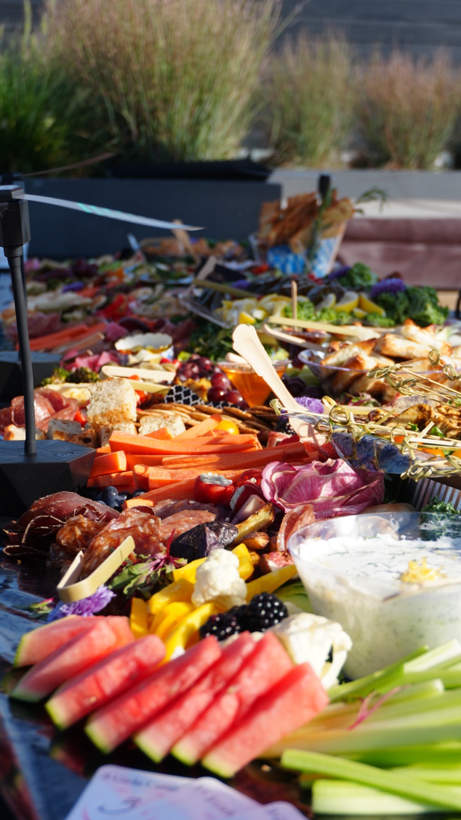 A patio table at sunset on the Descanso plaza.