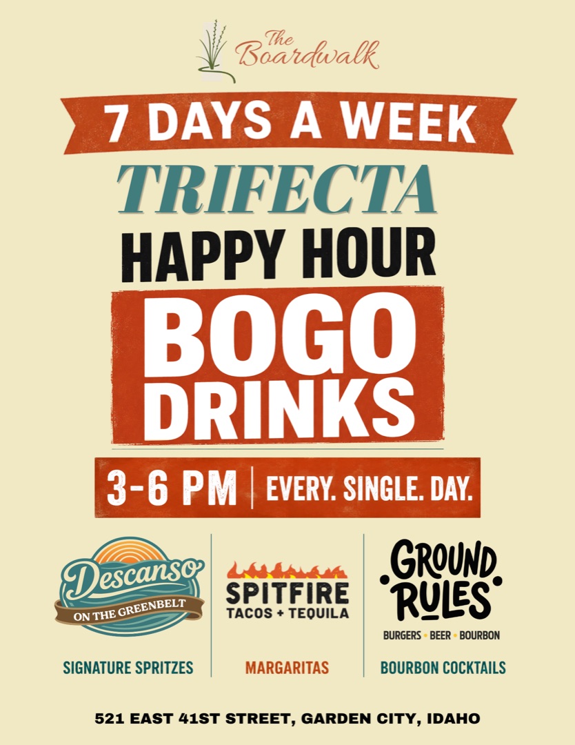 Trifecta Happy Hour at The Boardwalk — BOGO drinks 3–6 PM, 7 days a week. Signature spritzes at Descanso, margaritas at Spitfire, bourbon cocktails at Ground Rules.
