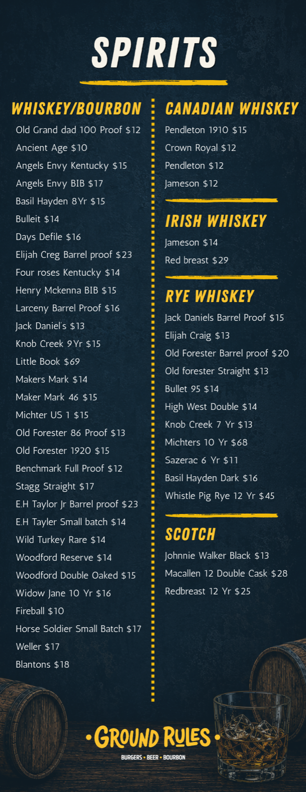 Ground Rules spirits list — whiskey, bourbon, Canadian, Irish, rye, and scotch pours.