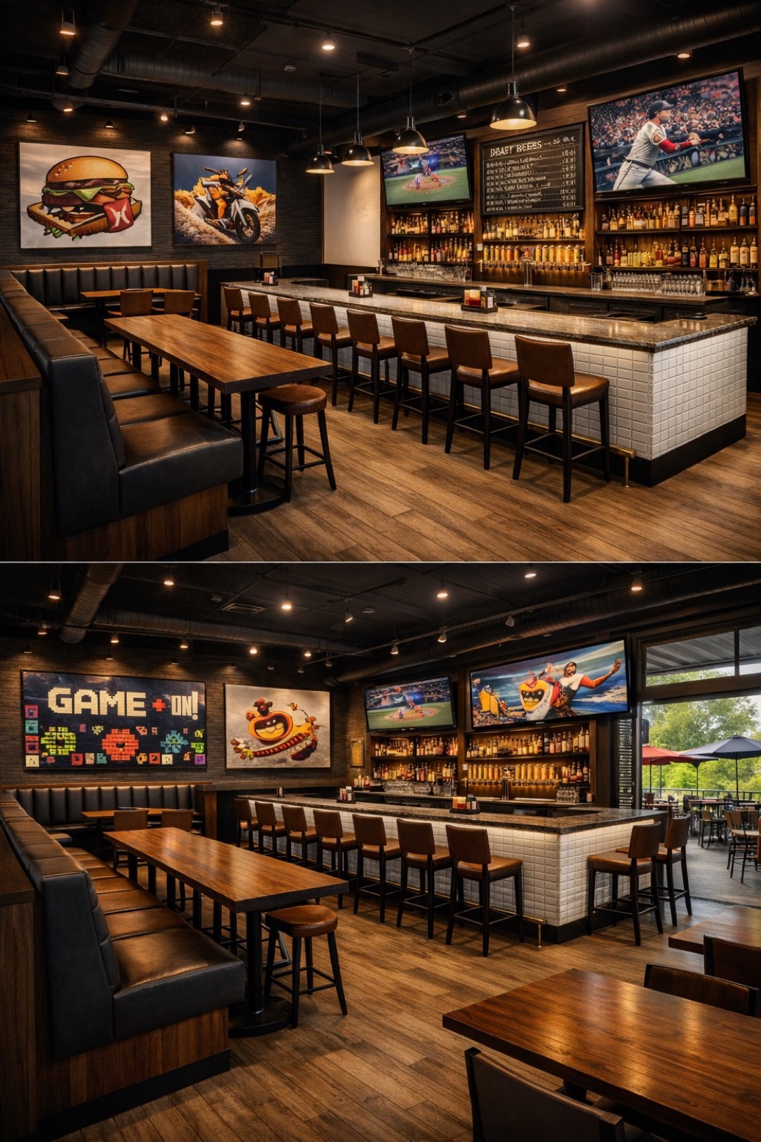 Sports bar interior with leather booths, wood floors and big screens.