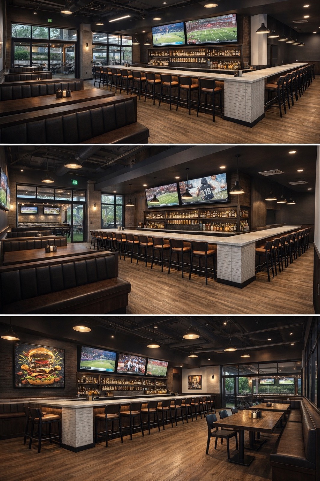 Wide view of Ground Rules main room — booths, full bar and screens.