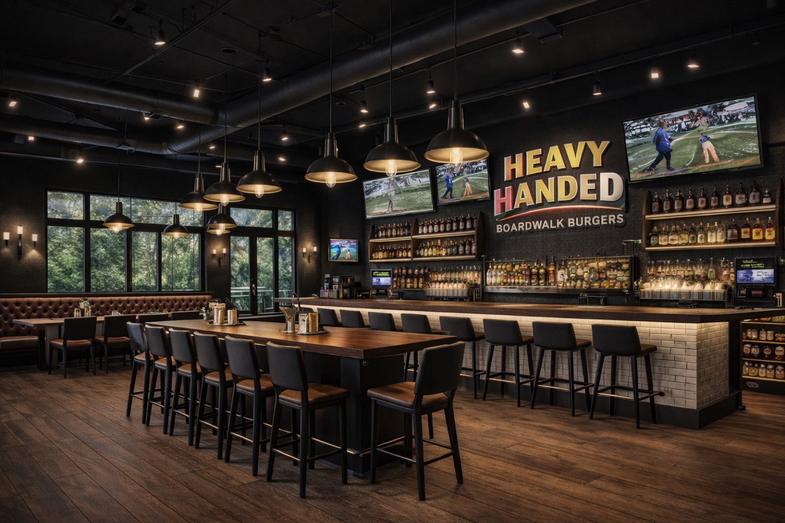 Ground Rules interior — full bar, leather booths, and wall-to-wall sports.